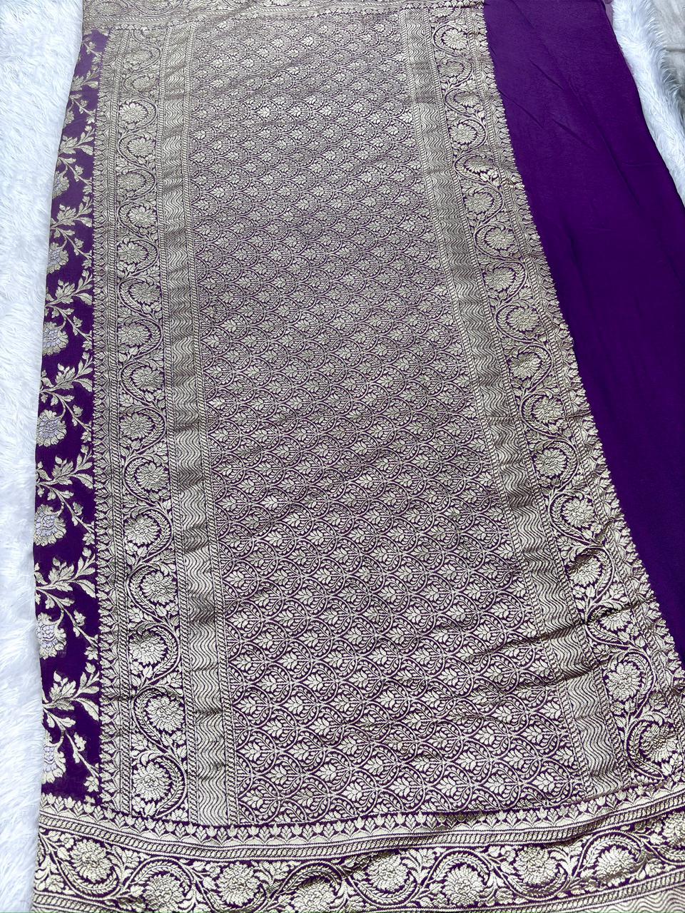 Majestic Deep Purple Khaddi Georgette Saree with Silver Zari Floral Jaal