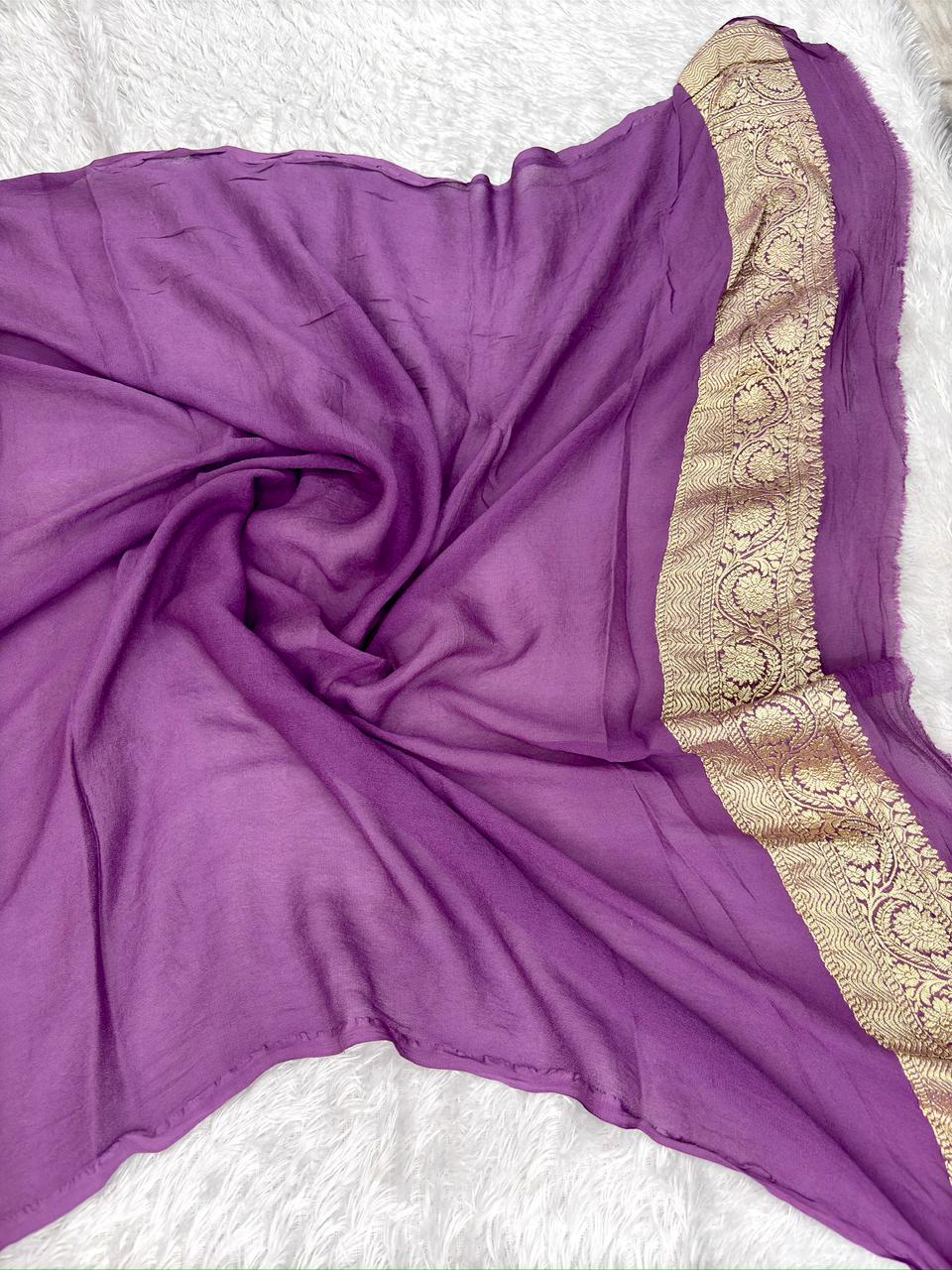 Majestic Deep Purple Khaddi Georgette Saree with Silver Zari Floral Jaal