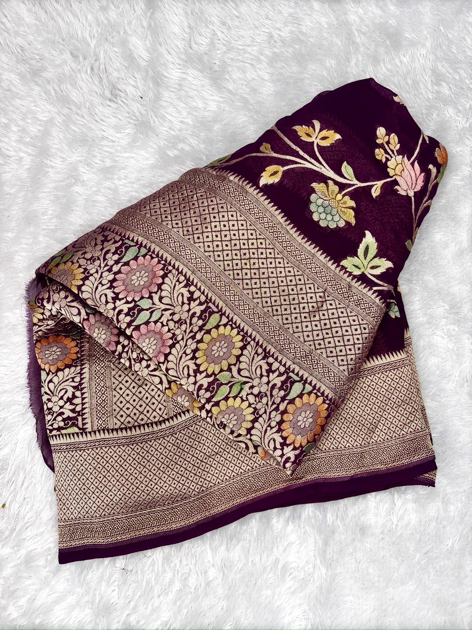 Luxurious Deep Wine Khaddi Georgette Saree with Meenakari Floral Jaal & Geometric Border