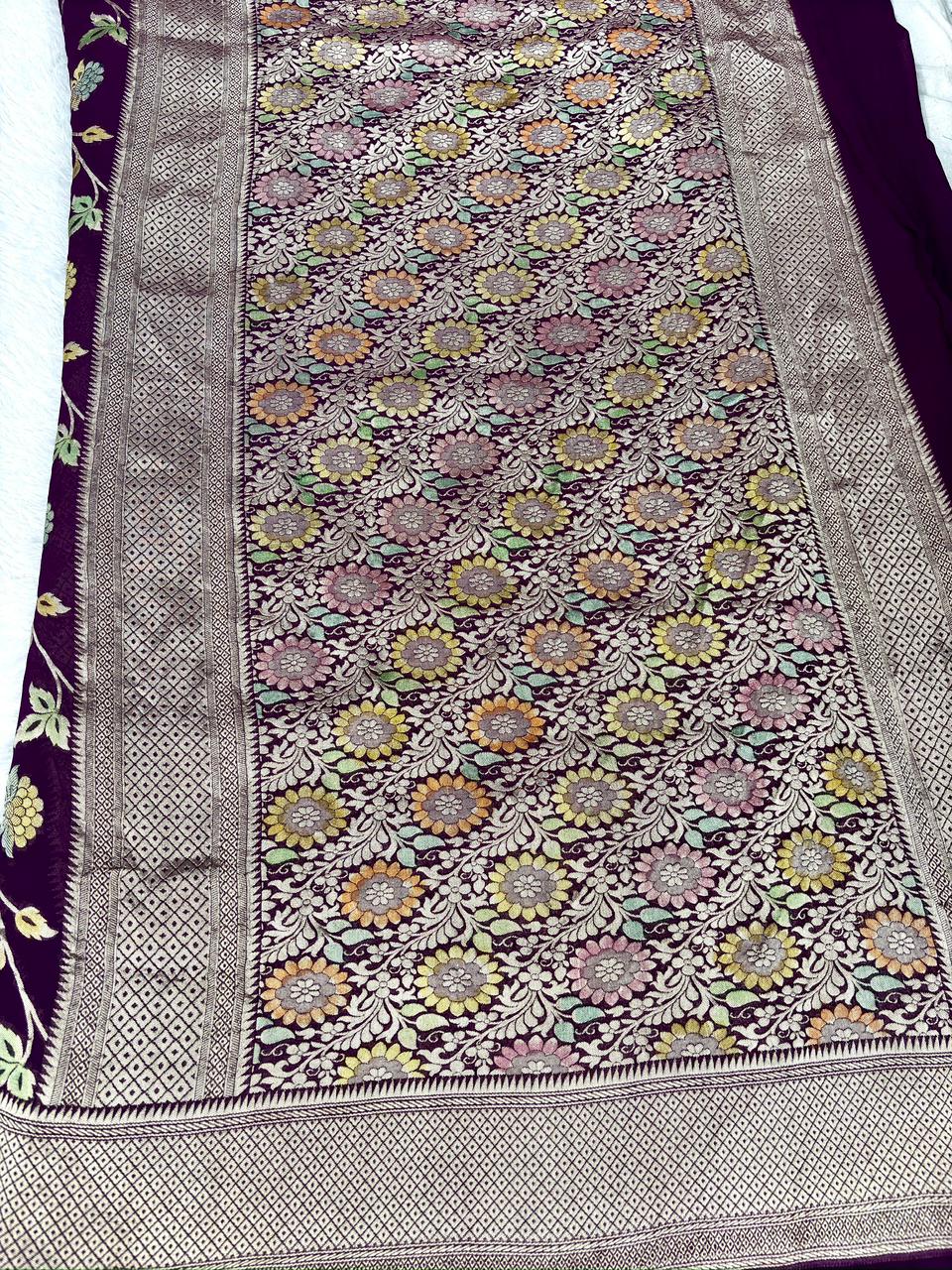 Luxurious Deep Wine Khaddi Georgette Saree with Meenakari Floral Jaal & Geometric Border