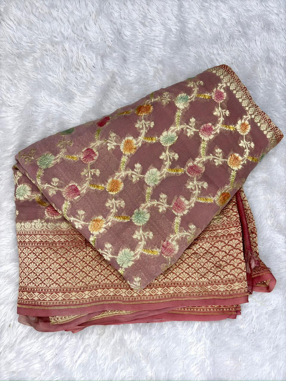 Elegant Dusty Pink Khaddi Georgette Saree with Pastel Meenakari Jaal