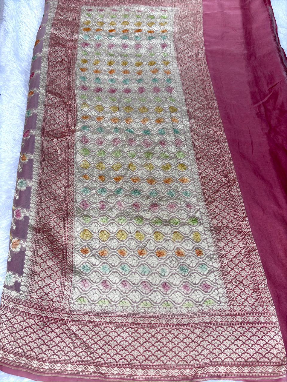 Elegant Dusty Pink Khaddi Georgette Saree with Pastel Meenakari Jaal