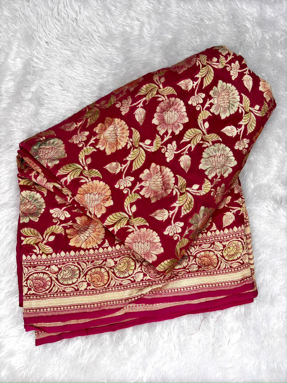 Bridal Deep Raspberry Red Khaddi Georgette Saree with Heavy Meenakari Floral Jaal
