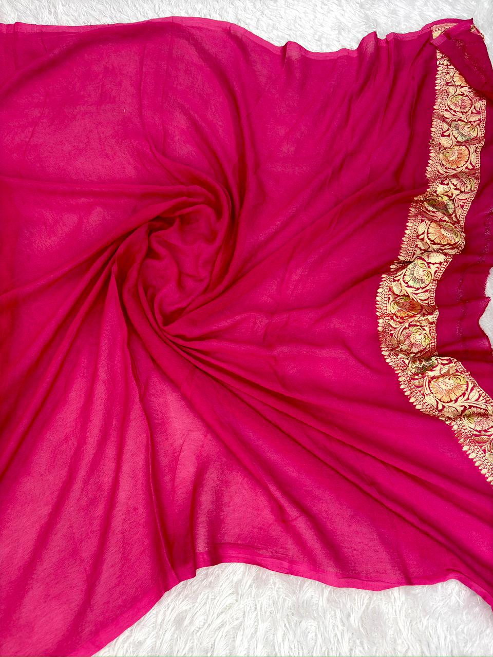 Bridal Deep Raspberry Red Khaddi Georgette Saree with Heavy Meenakari Floral Jaal