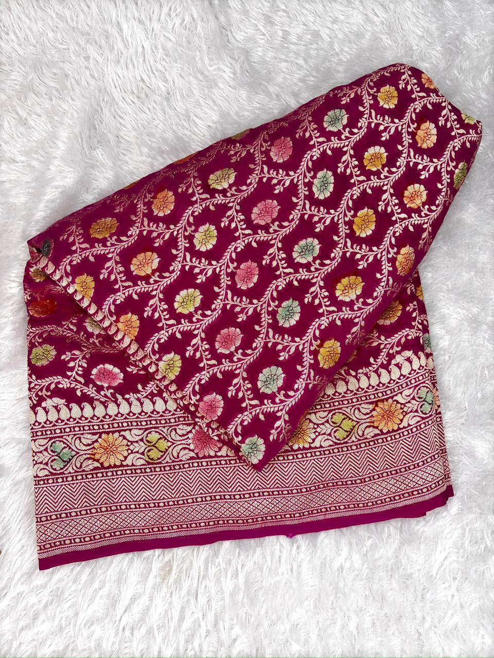 Radiant Magenta Khaddi Georgette Saree with Multi-Color Meenakari Floral Jaal