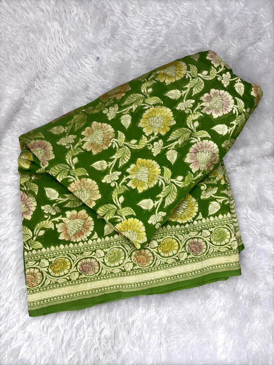 Lively Parrot Green Khaddi Georgette Saree with Multi-Color Meenakari Jaal