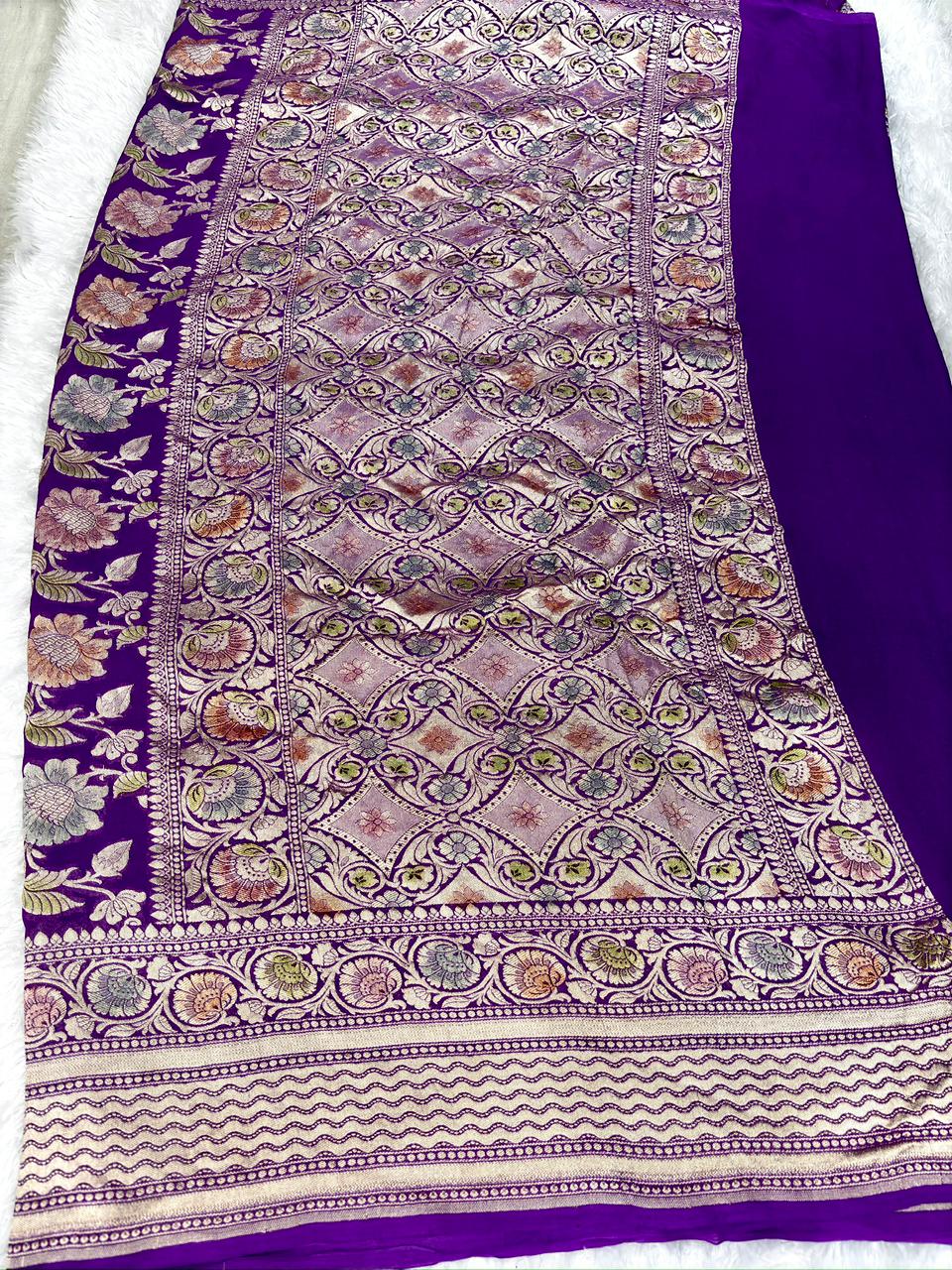 Majestic Violet Purple Khaddi Georgette Saree with Heavy Meenakari Floral Jaal