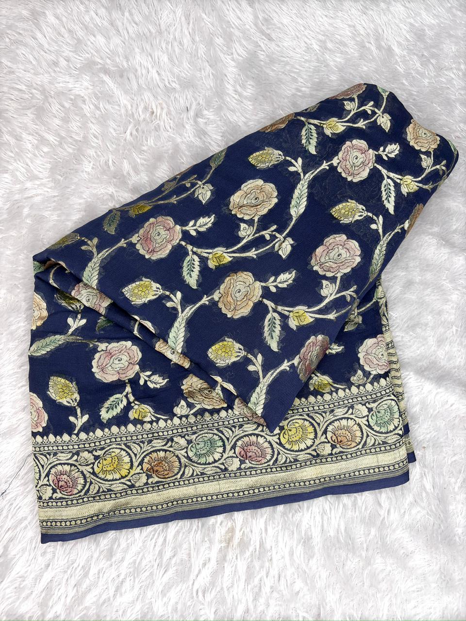 Enchanting Navy Blue Khaddi Georgette Saree with Meenakari Rose Jaal