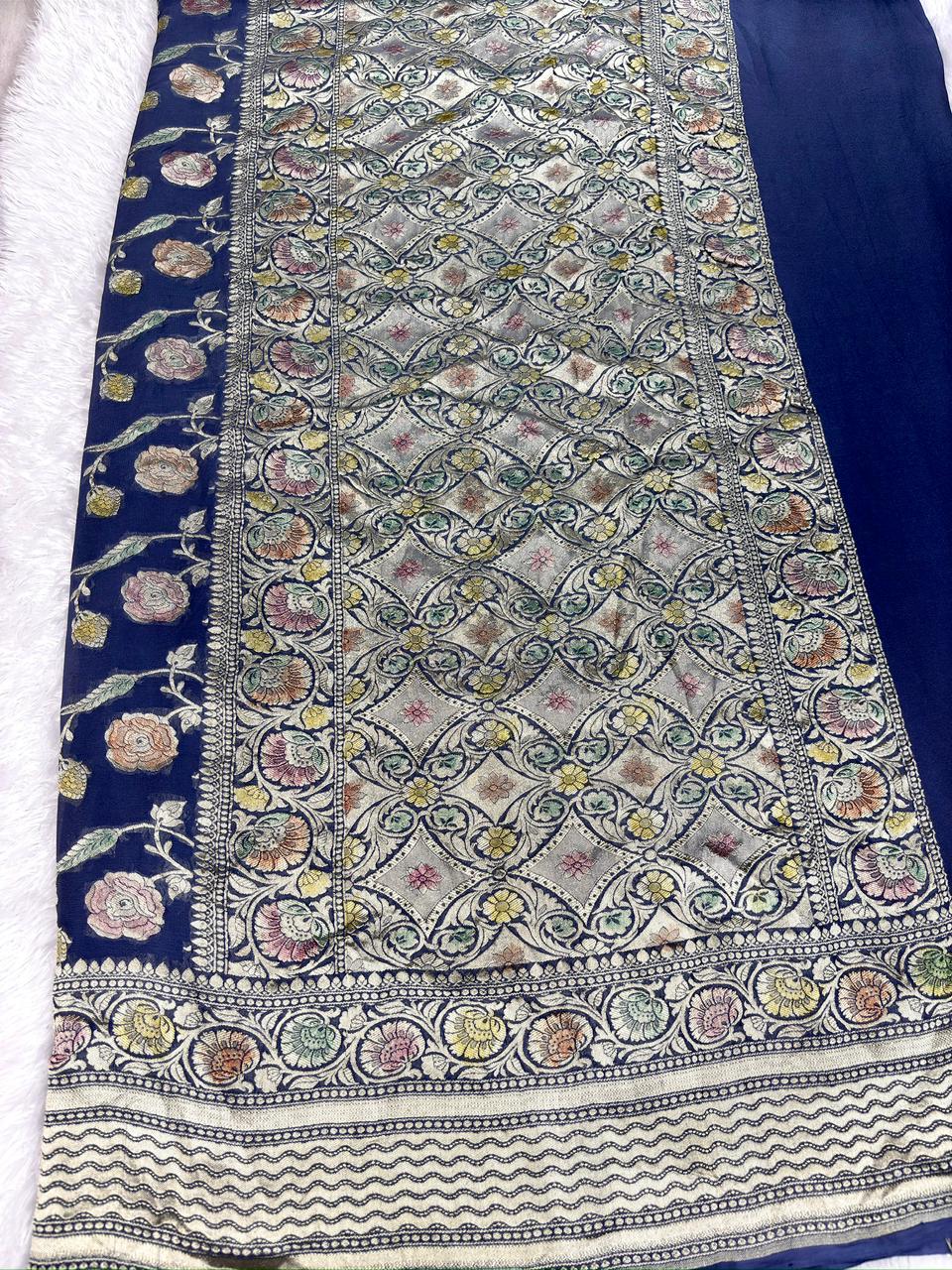 Enchanting Navy Blue Khaddi Georgette Saree with Meenakari Rose Jaal