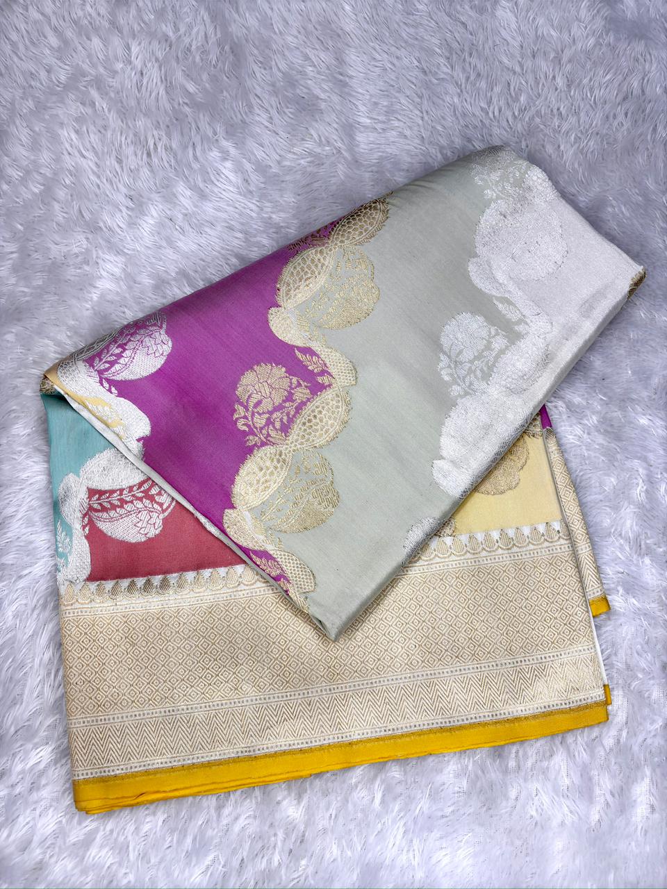 Multi-Color Pastel Premium Rungkaat Kadhua Handloom Pure Silk Banarasi Saree