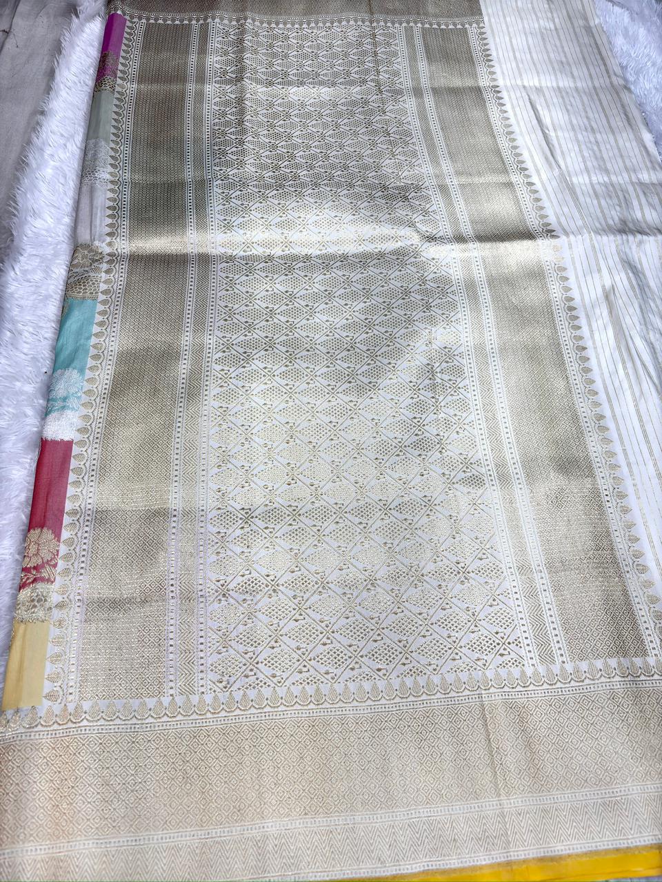 Multi-Color Pastel Premium Rungkaat Kadhua Handloom Pure Silk Banarasi Saree