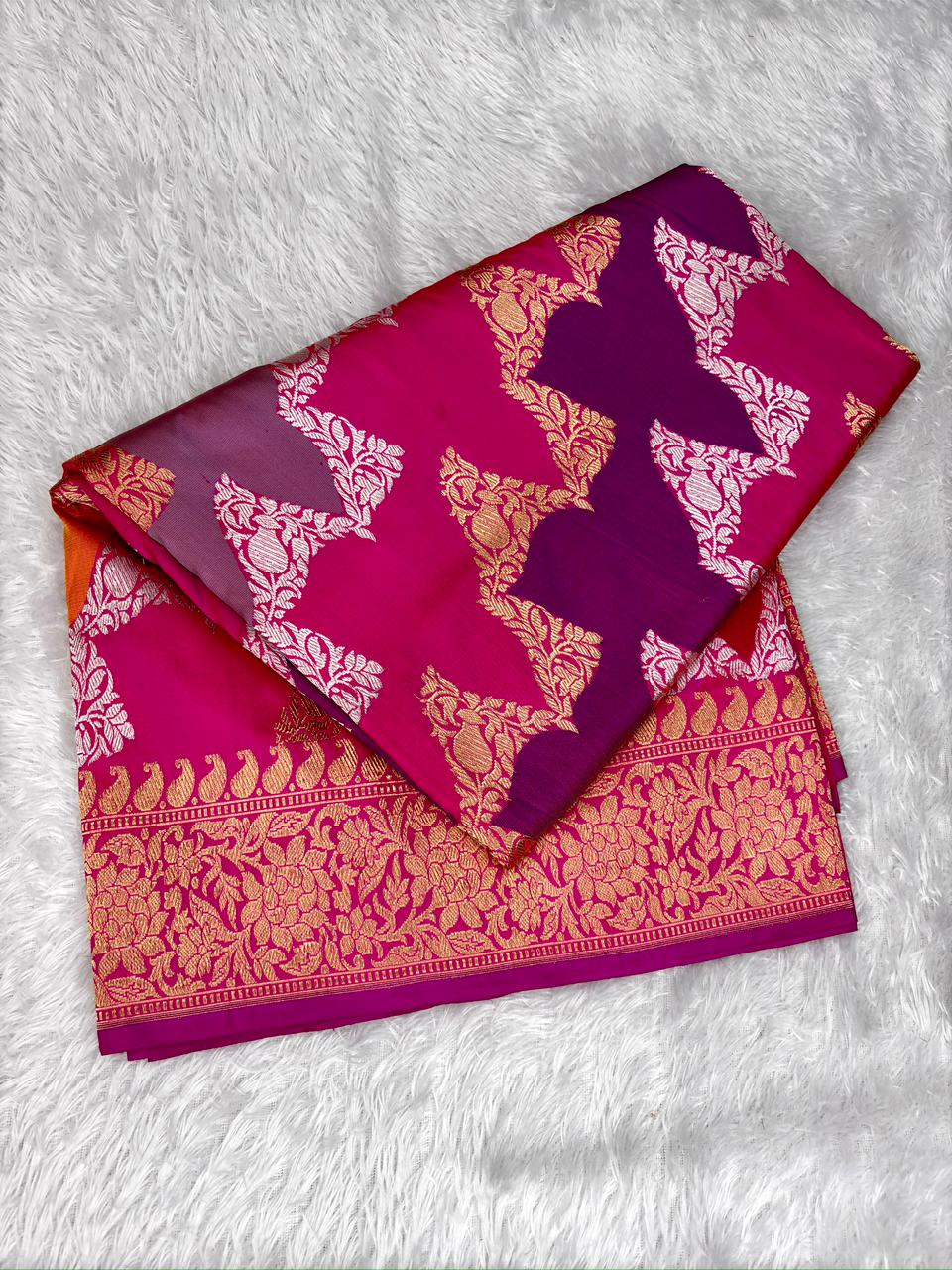 Multi-Color Premium Rungkaat Kadhua Pure Katan Silk Handloom Banarasi Saree