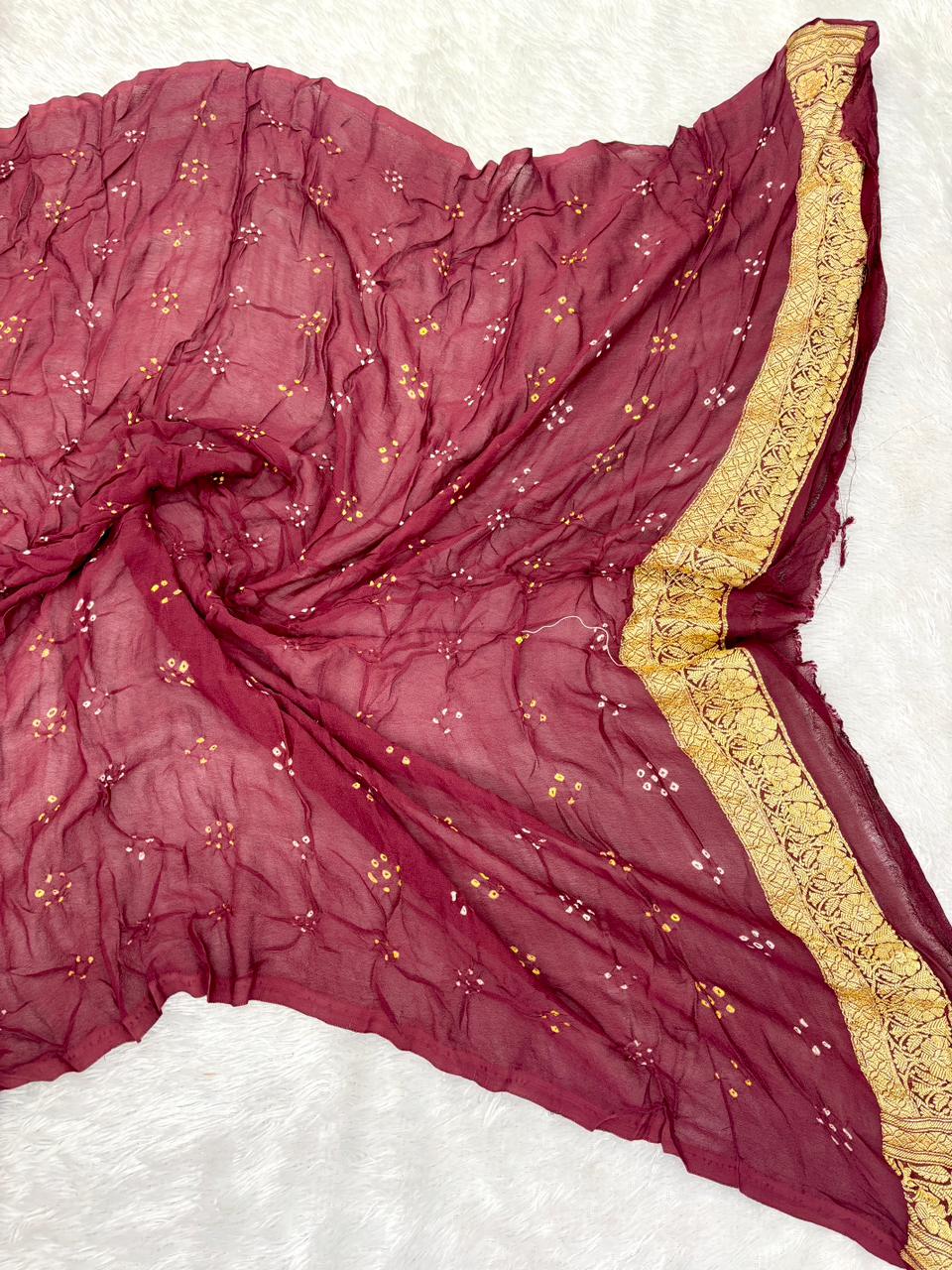 Royal Maroon Banarasi Bandhej Handloom Georgette Saree with Antique Gold Zari