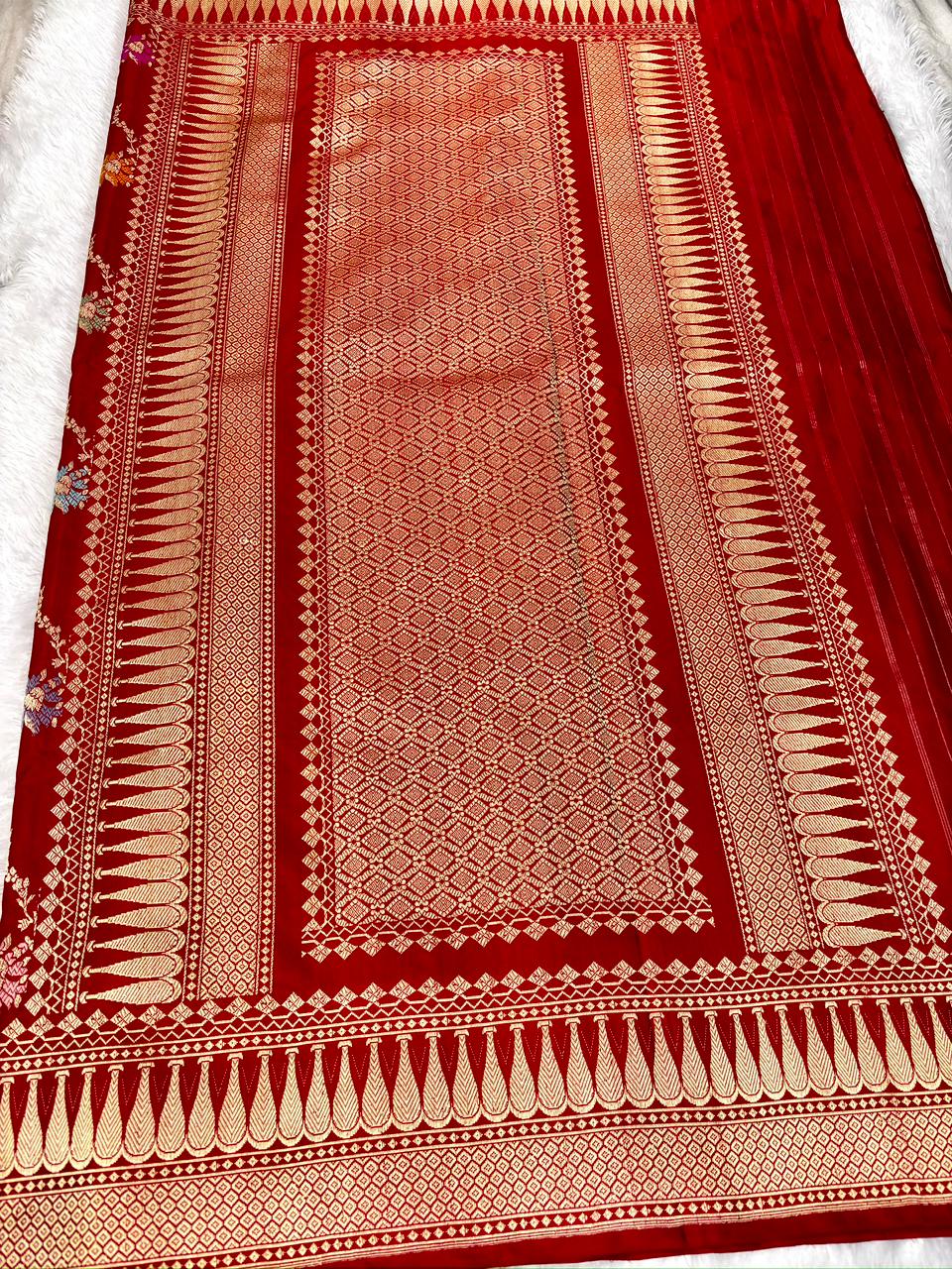 Royal Red Pure Katan Silk Handloom Kadhua Jungla Saree with Meenakari Floral Jaal