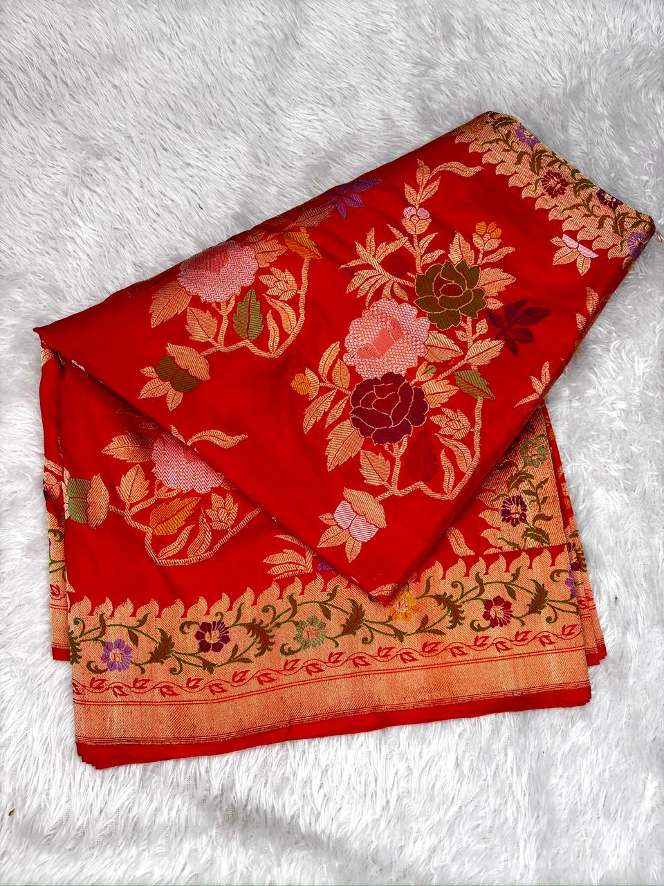 Bright Orange Pure Katan Silk Handloom Kadhua Jungla Saree with Multi-Color Meenakari Floral Jaal