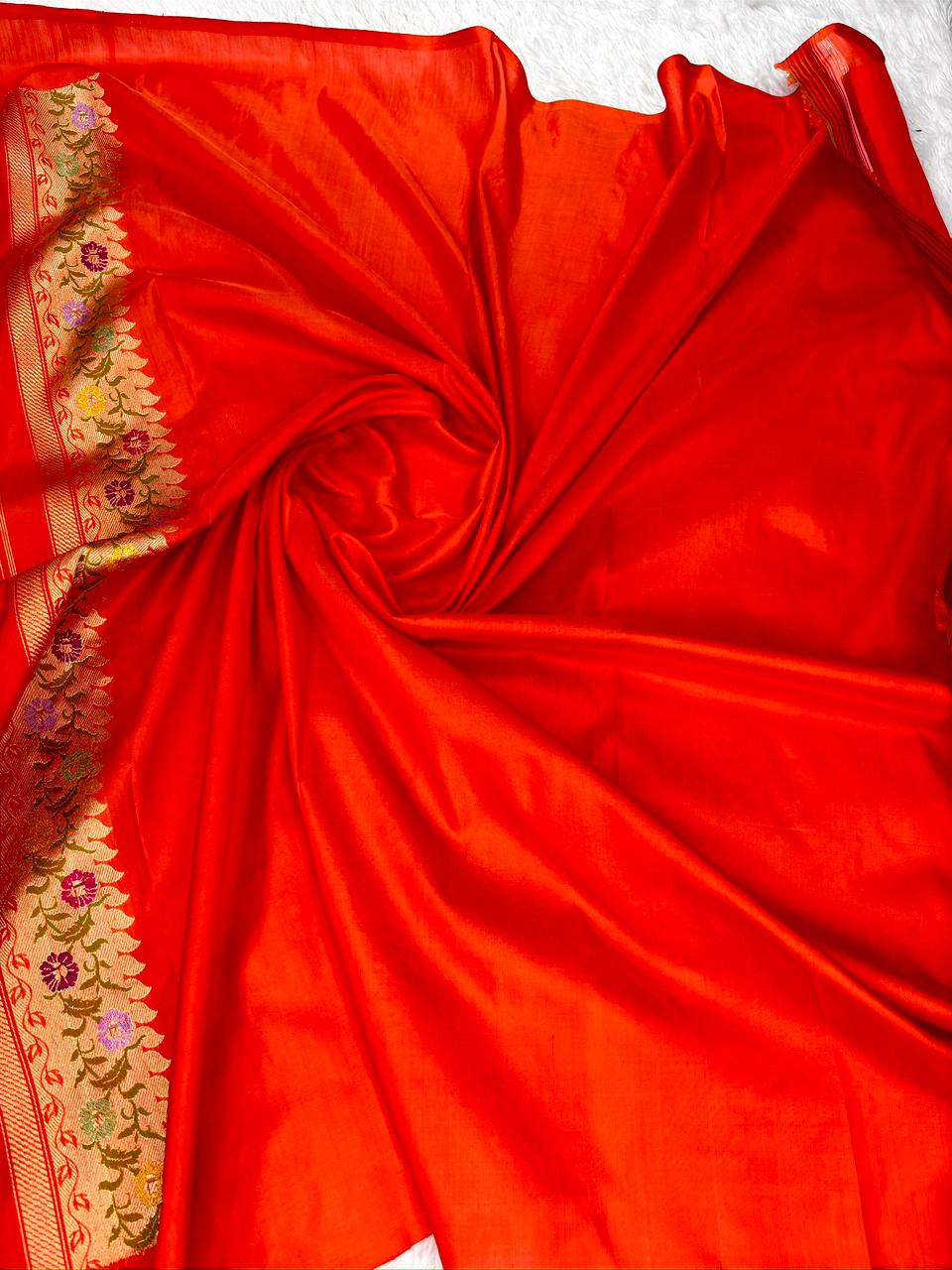 Bright Orange Pure Katan Silk Handloom Kadhua Jungla Saree with Multi-Color Meenakari Floral Jaal