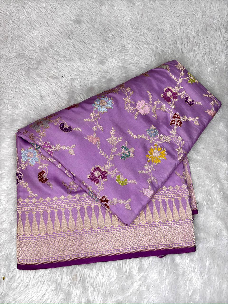 Lilac Lavender Premium Pure Silk Handloom Kadhua Jungla Saree with Vibrant Meenakari Floral Jaal