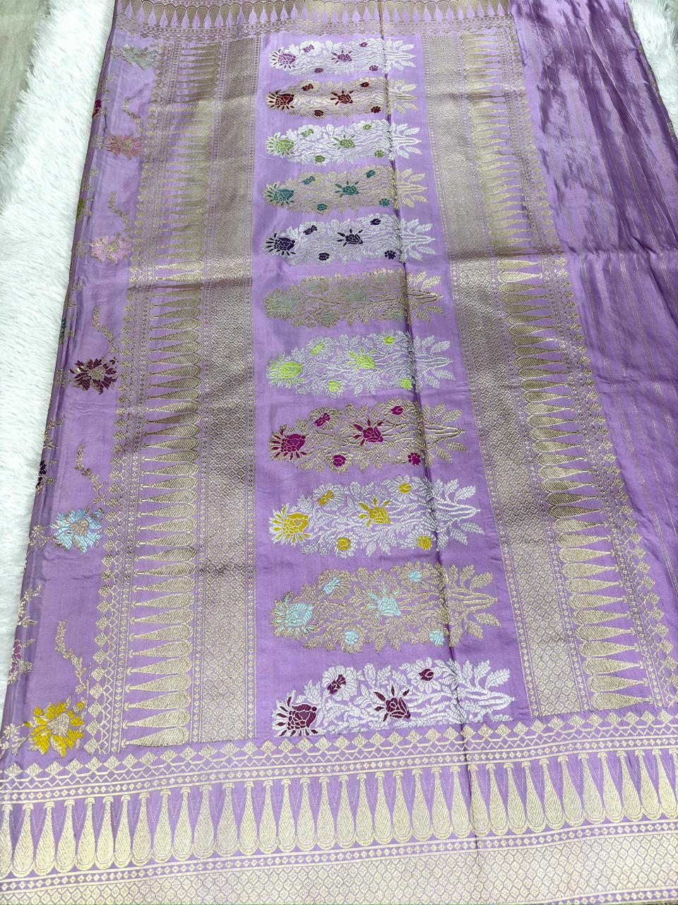 Lilac Lavender Premium Pure Silk Handloom Kadhua Jungla Saree with Vibrant Meenakari Floral Jaal