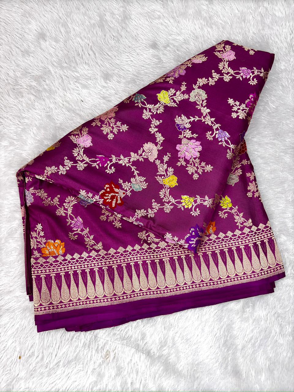 Majestic Purple Pure Katan Silk Handloom Kadhua Jungla Saree with Multi-Color Meenakari Jaal