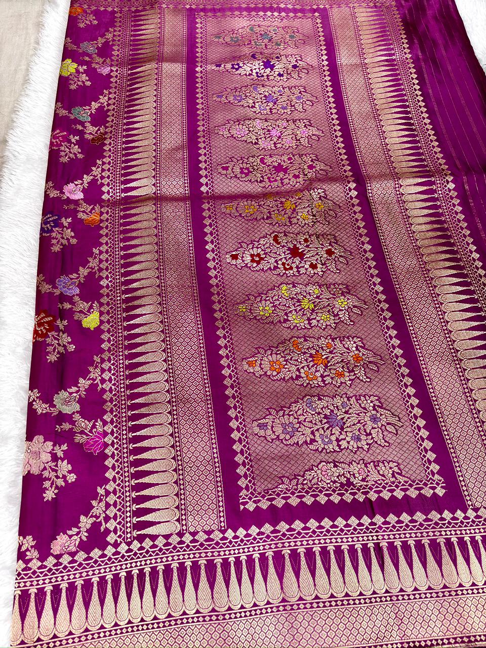 Majestic Purple Pure Katan Silk Handloom Kadhua Jungla Saree with Multi-Color Meenakari Jaal