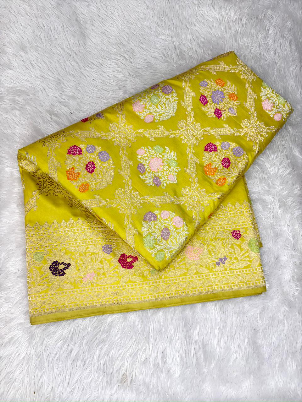 Refreshing Lime Pure Katan Silk Handloom Kadhua Jungla Saree with Multi-Color Meenakari Floral Jaal