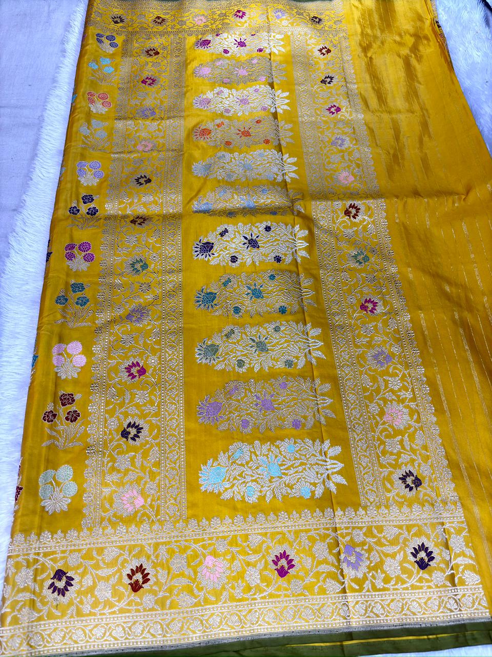 Vibrant Yellow Pure Katan Silk Handloom Kadhua Jungla Saree with Multi-Color Meenakari Floral Jaal