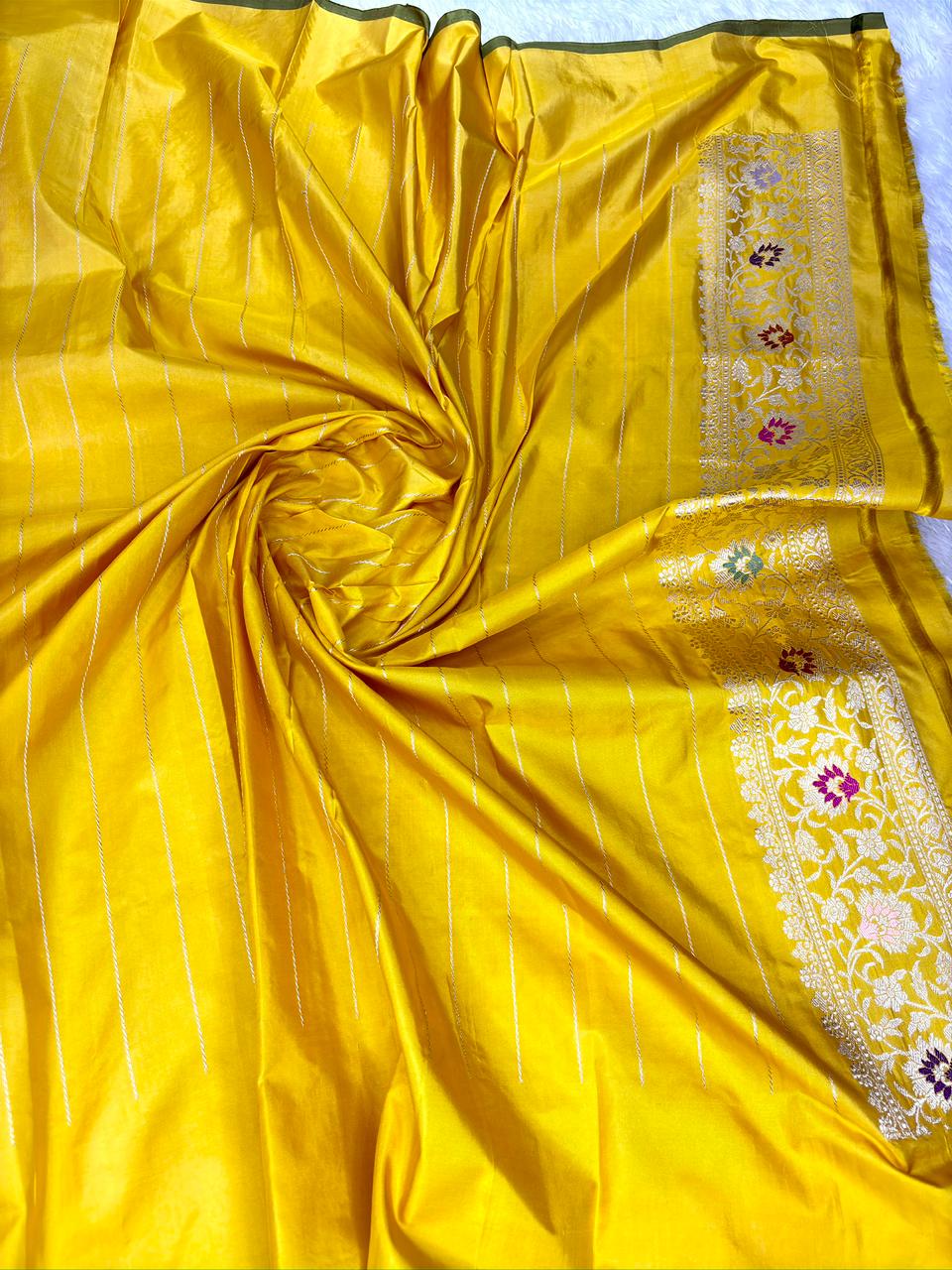 Vibrant Yellow Pure Katan Silk Handloom Kadhua Jungla Saree with Multi-Color Meenakari Floral Jaal