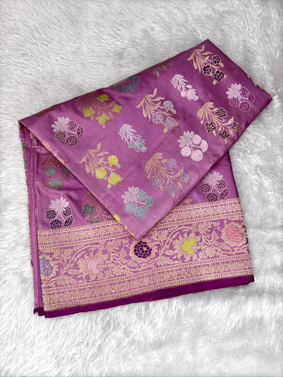 Lavender Lilac Pure Katan Silk Handloom Kadhua Jungla Saree with Intricate Meenakari Floral Jaal