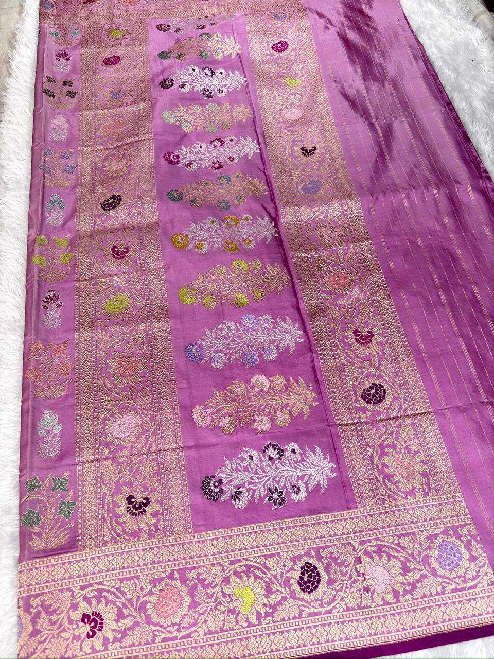 Lavender Lilac Pure Katan Silk Handloom Kadhua Jungla Saree with Intricate Meenakari Floral Jaal