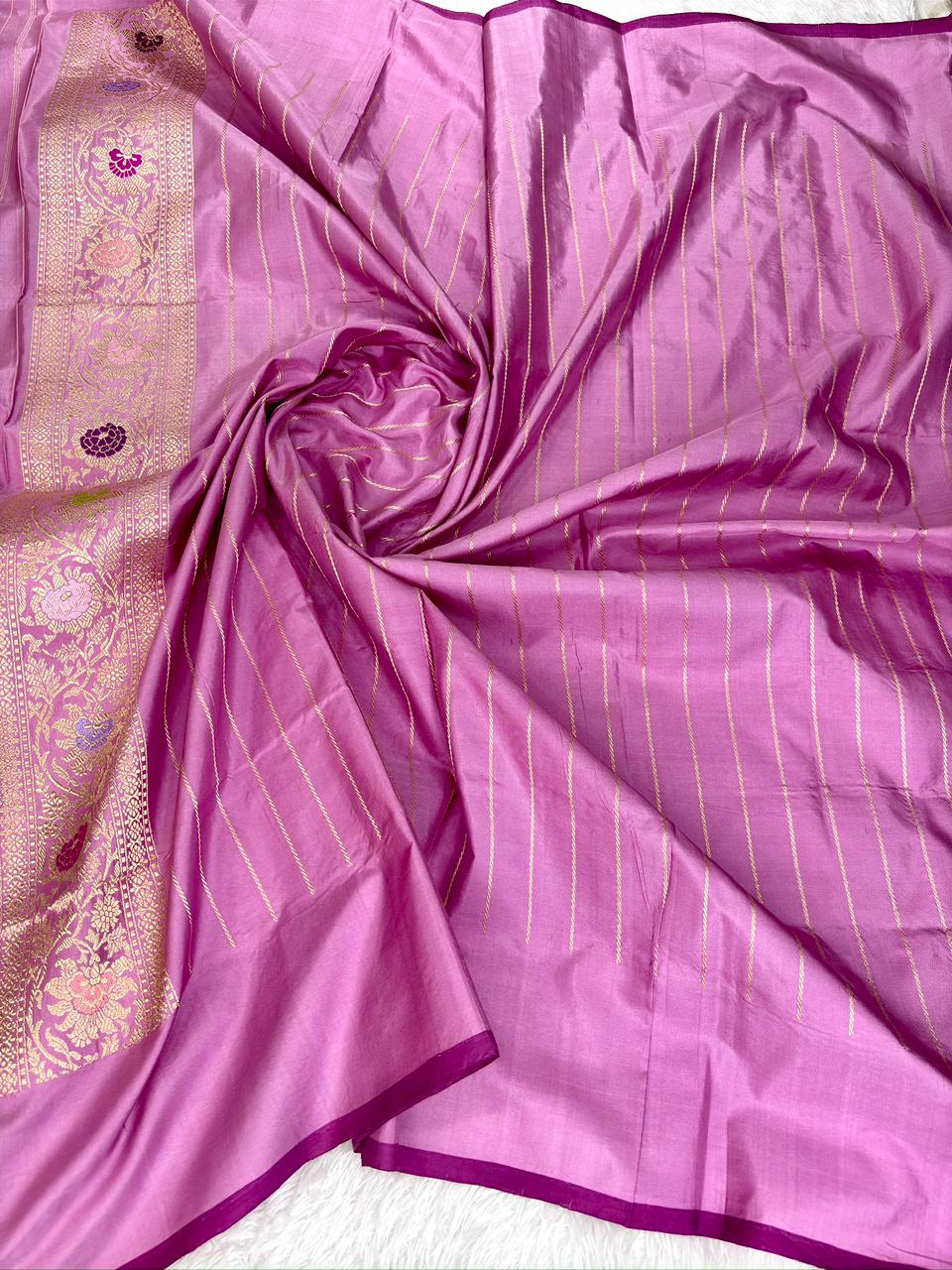 Lavender Lilac Pure Katan Silk Handloom Kadhua Jungla Saree with Intricate Meenakari Floral Jaal