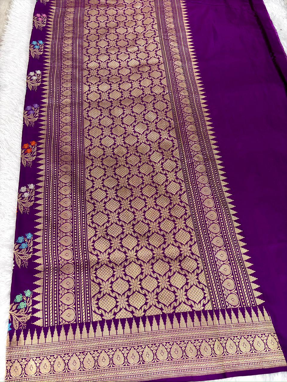 Majestic Magenta Pure Katan Silk Handloom Kadhua Jungla Saree with Multi-Color Meenakari