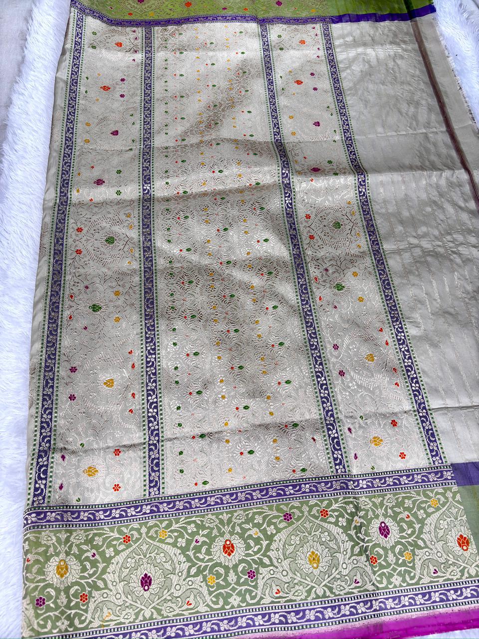 Elegant Silver-Grey Pure Katan Silk Handloom Kadhua Jungla Saree with Vibrant Meenakari Floral Jaal