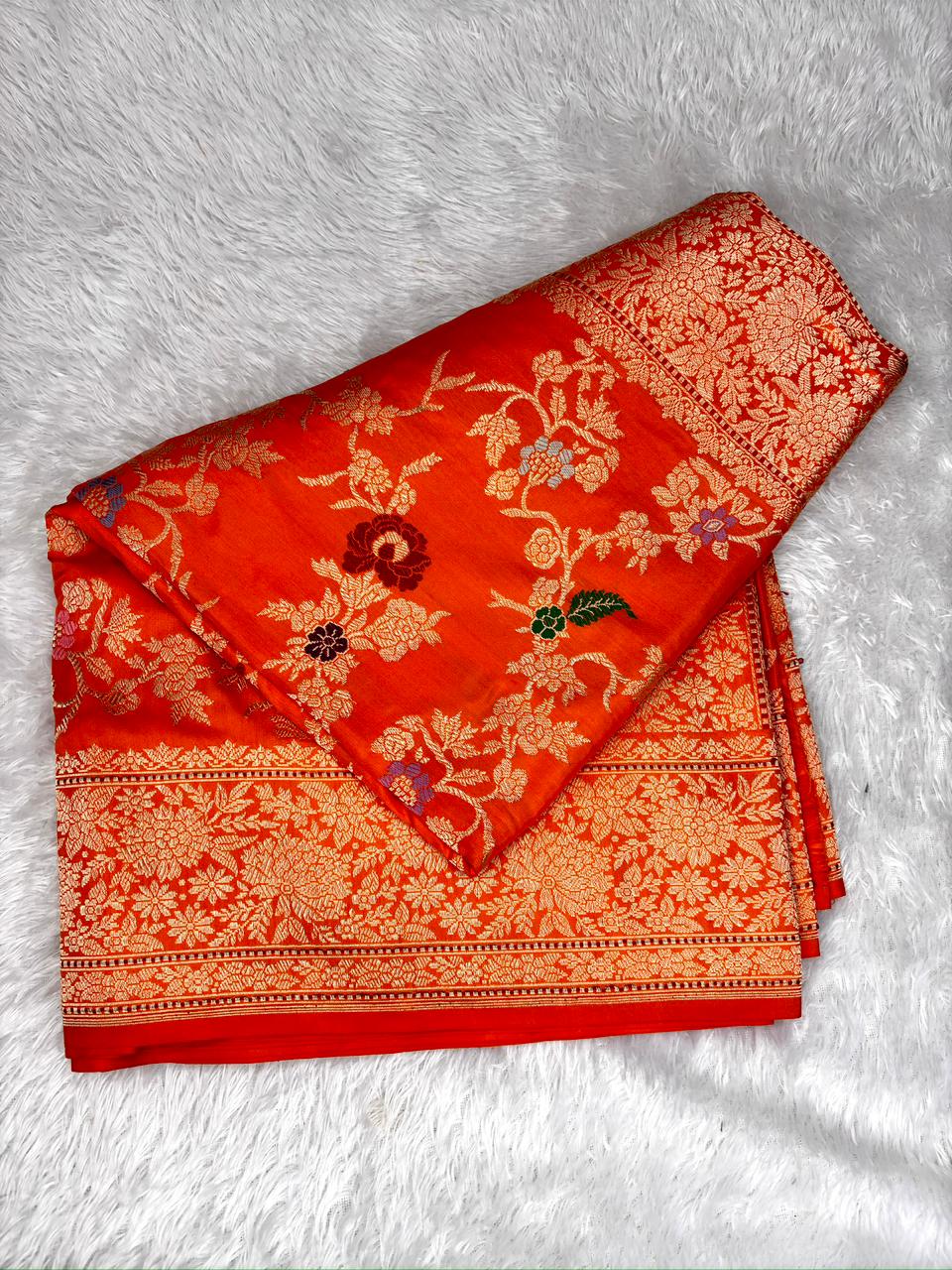 Radiant Orange Pure Katan Silk Handloom Kadhua Jungla Saree with Vibrant Meenakari Floral Jaal