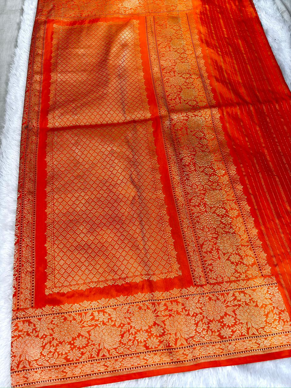 Radiant Orange Pure Katan Silk Handloom Kadhua Jungla Saree with Vibrant Meenakari Floral Jaal
