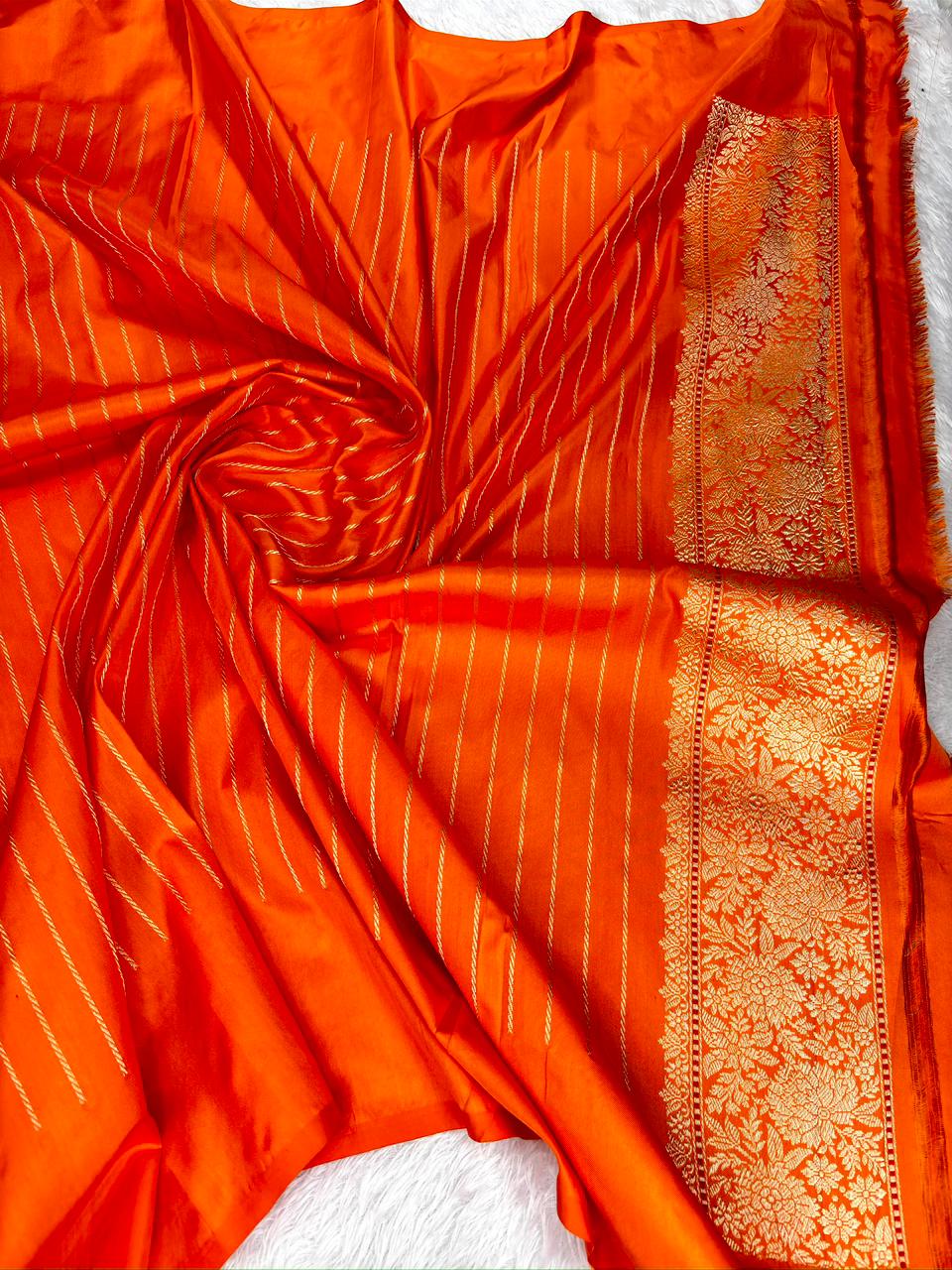 Radiant Orange Pure Katan Silk Handloom Kadhua Jungla Saree with Vibrant Meenakari Floral Jaal