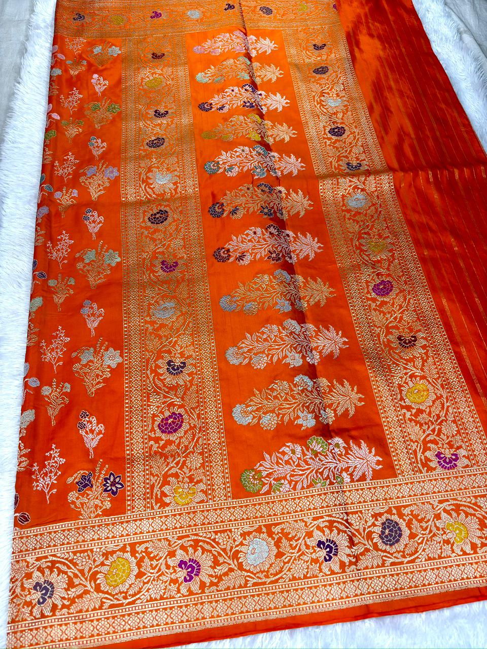 Vibrant Orange Pure Katan Silk Handloom Kadhua Jungla Saree with Vibrant Meenakari Floral Jaal
