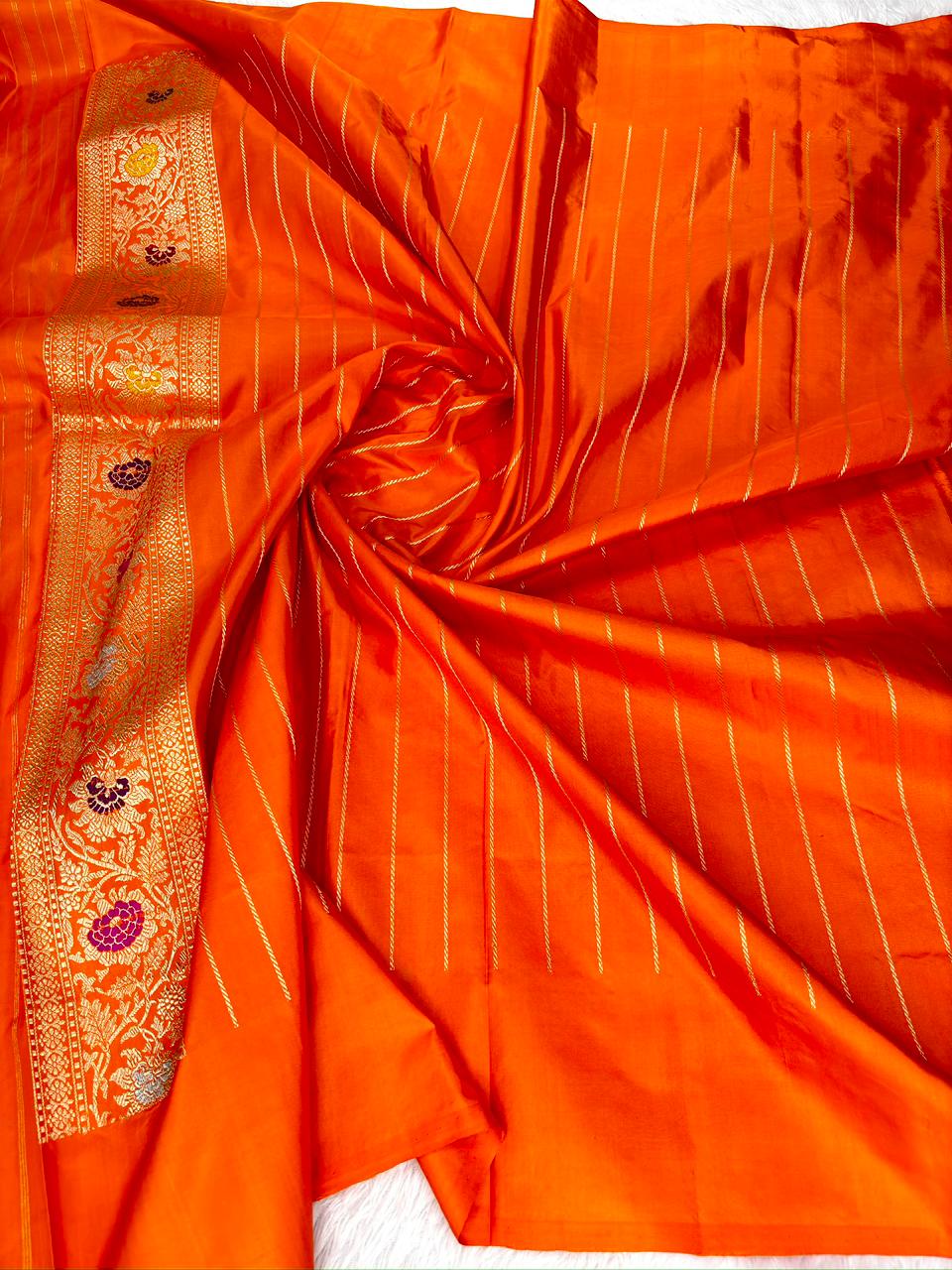 Vibrant Orange Pure Katan Silk Handloom Kadhua Jungla Saree with Vibrant Meenakari Floral Jaal