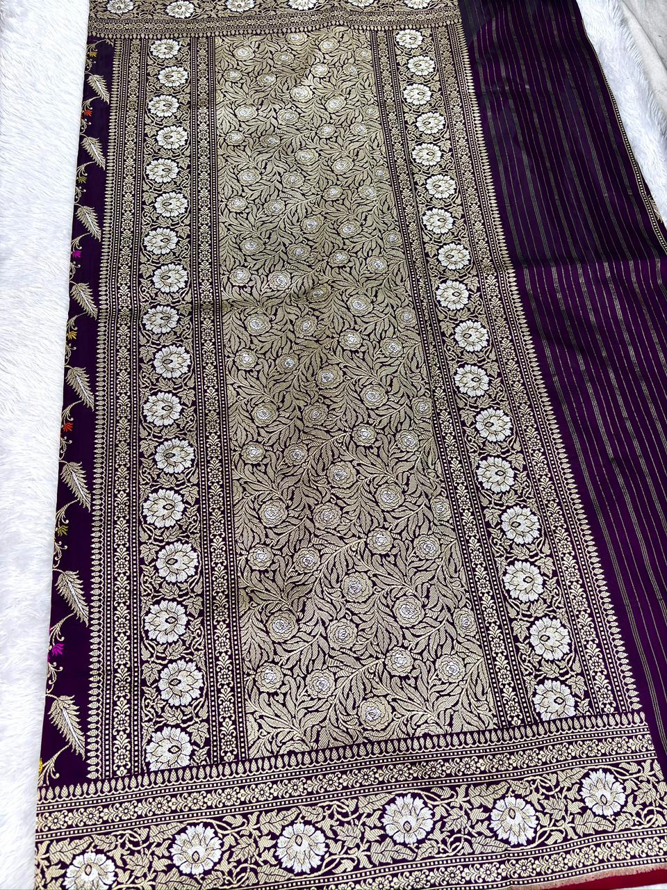 Majestic Royal Purple Pure Katan Silk Handloom Kadhua Jungla Saree with Multi-Color Meenakari Floral Jaal