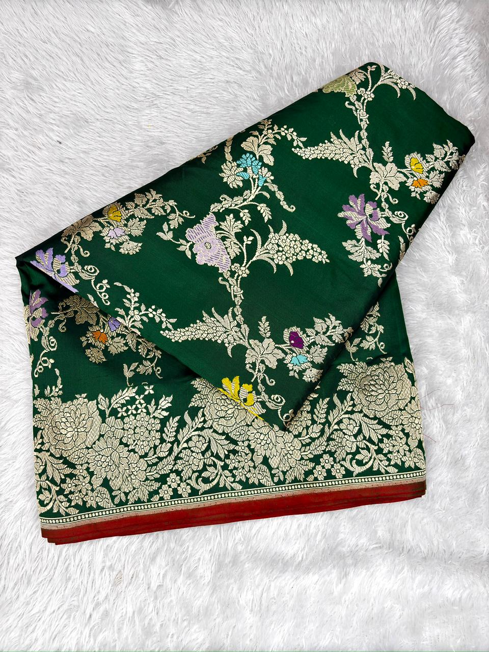 Rich Forest Green Pure Katan Silk Handloom Kadhua Banarasi Saree with Meenakari Floral Artistry