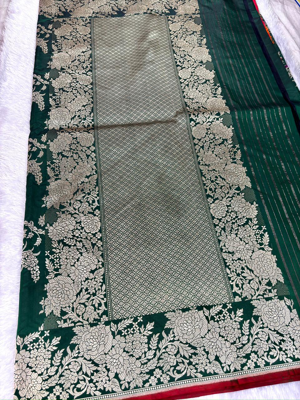 Rich Forest Green Pure Katan Silk Handloom Kadhua Banarasi Saree with Meenakari Floral Artistry