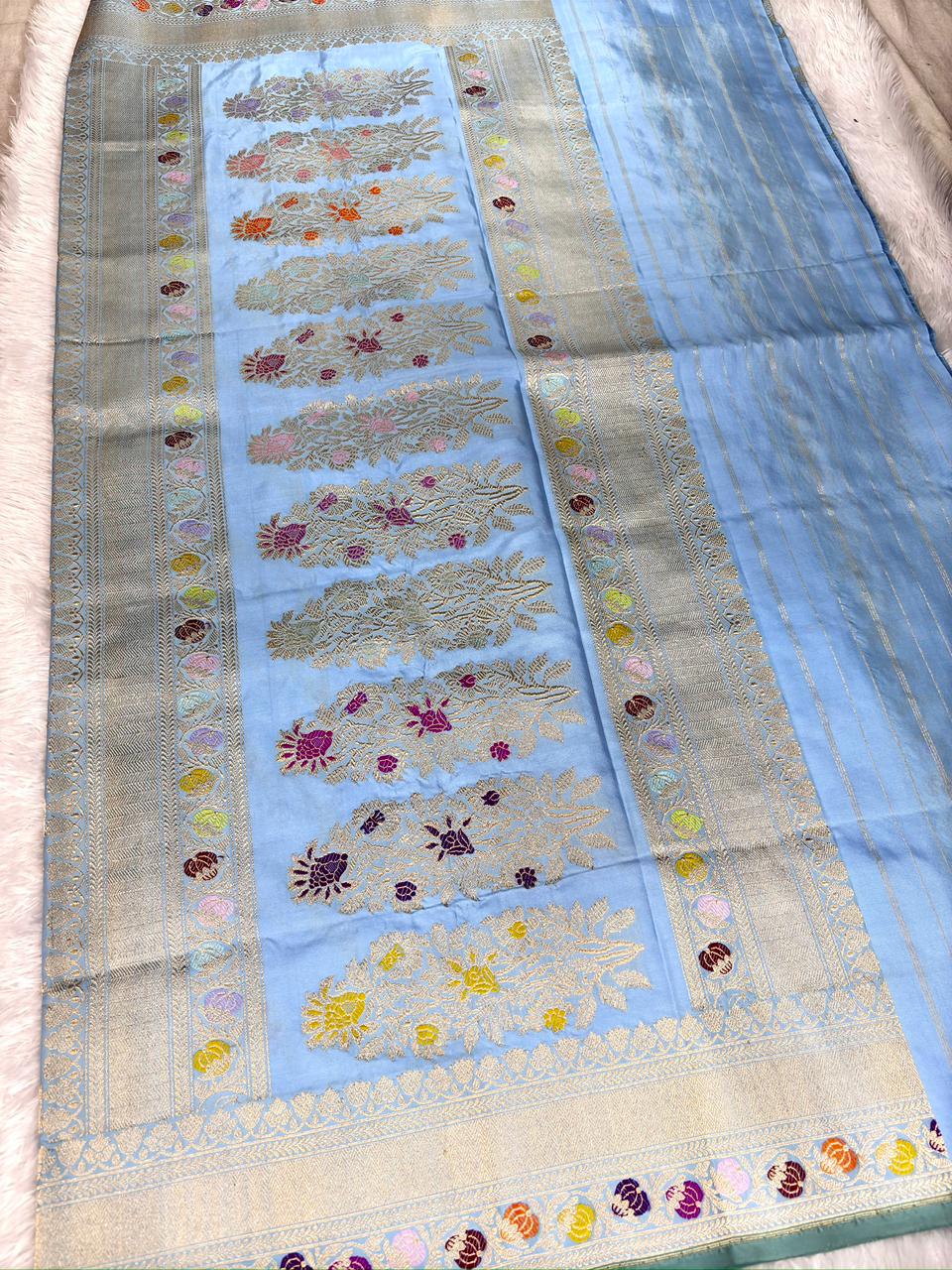 Powder Blue Pure Katan Silk Handloom Kadhua Jungla Saree with Multi-Color Meenakari Floral Jaal