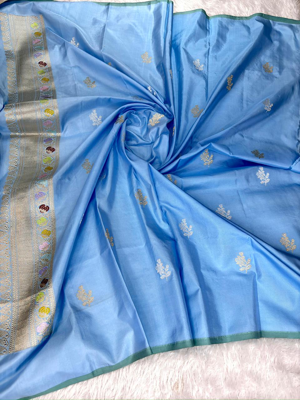 Powder Blue Pure Katan Silk Handloom Kadhua Jungla Saree with Multi-Color Meenakari Floral Jaal