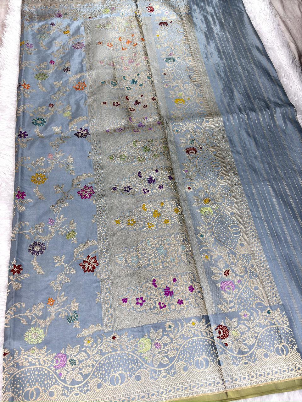 Sophisticated Silver-Grey Pure Katan Silk Handloom Kadhua Jungla Saree with Multi-Color Meenakari Floral Jaal