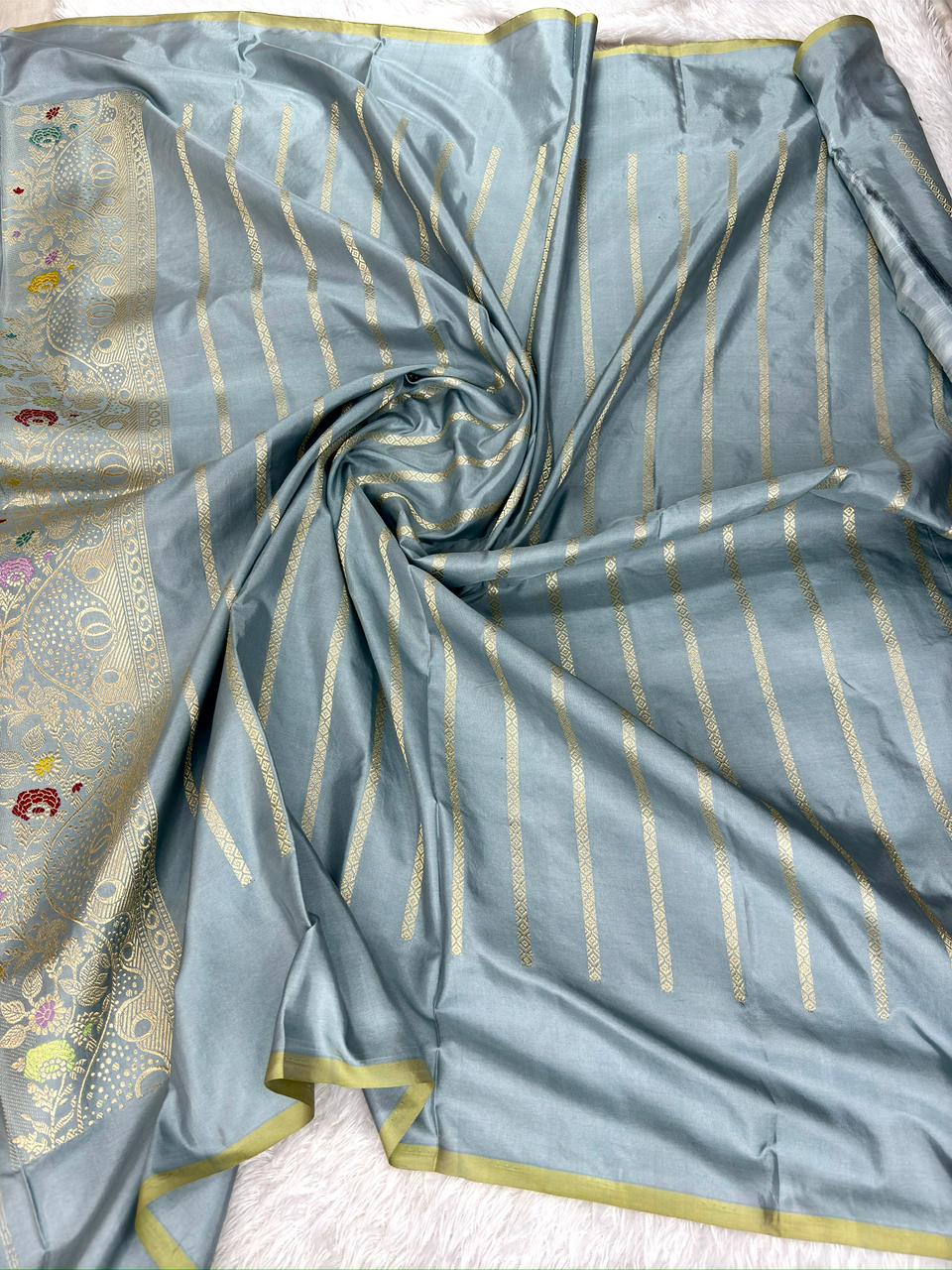 Sophisticated Silver-Grey Pure Katan Silk Handloom Kadhua Jungla Saree with Multi-Color Meenakari Floral Jaal