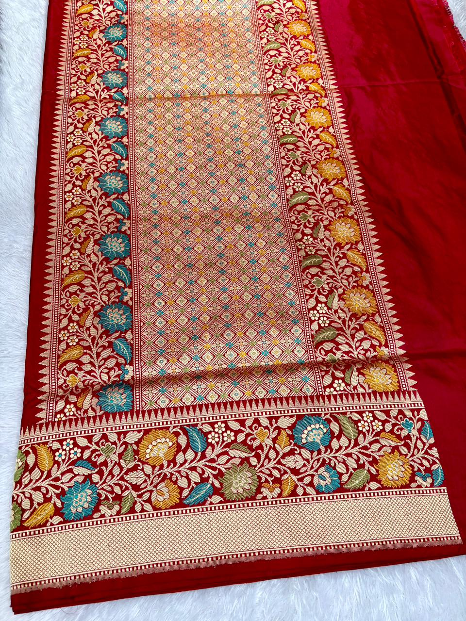 Crimson Red: Meenakari Handloom Banarasi Silk Saree with Antique Zari Bel-Booti & Floral Paithani-Style Border