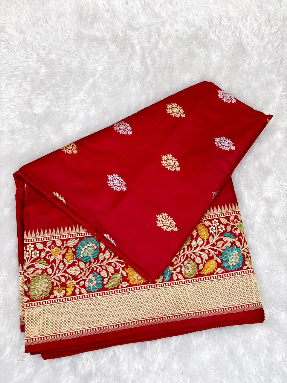 Crimson Red: Meenakari Handloom Banarasi Silk Saree with Antique Zari Bel-Booti & Floral Paithani-Style Border