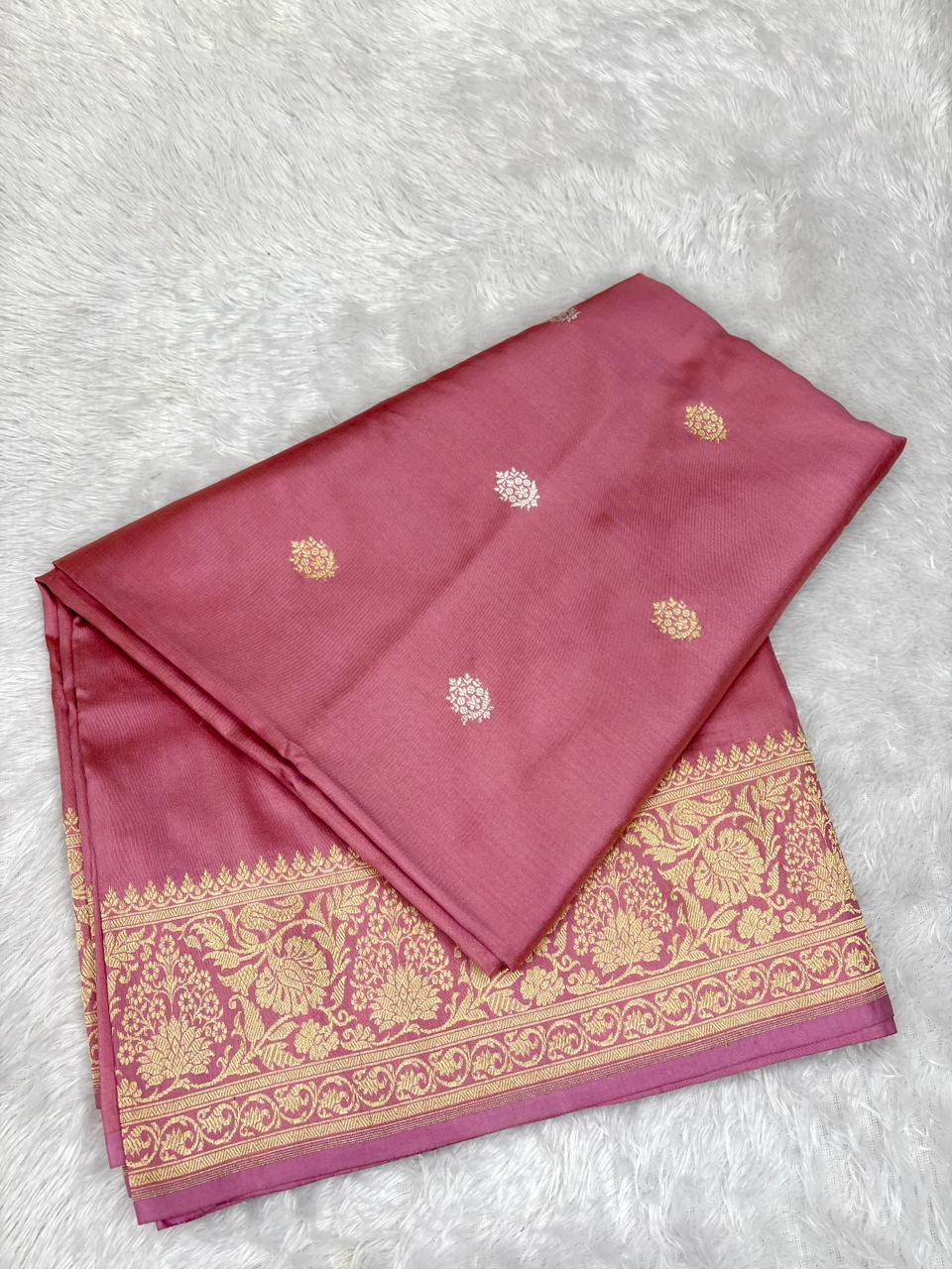 Rose Quartz Handloom Silk Saree with Antique Zari Butti and Intricate Floral Kadwa Border