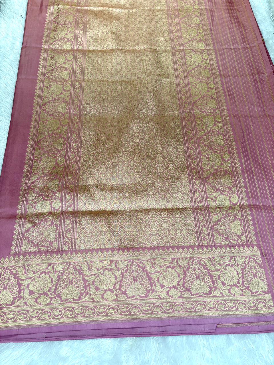 Rose Quartz Handloom Silk Saree with Antique Zari Butti and Intricate Floral Kadwa Border