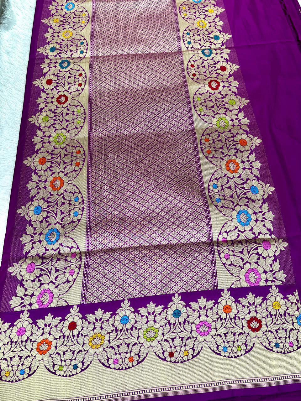 Imperial Violet Meenakari Handloom Banarasi Silk Saree with Antique Zari Bel-Booti & Scalloped Floral Border
