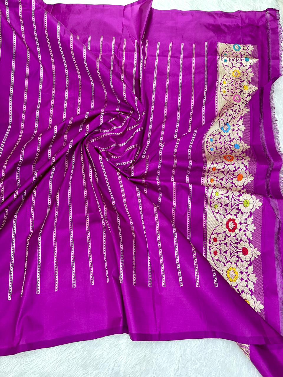 Imperial Violet Meenakari Handloom Banarasi Silk Saree with Antique Zari Bel-Booti & Scalloped Floral Border